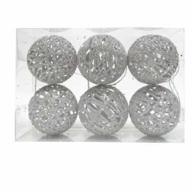 6x rotan kerstballen zilver met glitters 5 cm kerstboomversiering