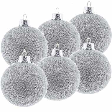 6x zilveren cotton balls kerstballen 6,5 cm kerstboomversiering