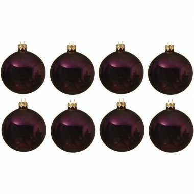 8x aubergine paarse kerstballen 10 cm glanzende glas kerstversiering