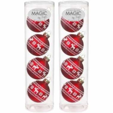 8x rode kerstballen van glas noorse rendier print 6 cm