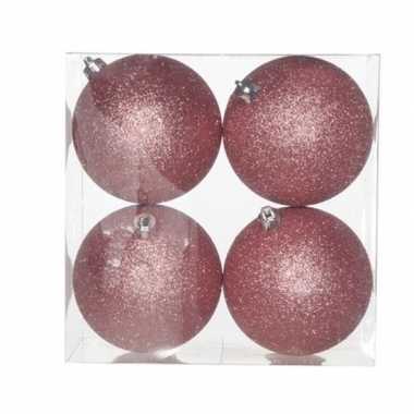 8x roze kerstballen 10 cm glitter kunststof/plastic kerstversiering
