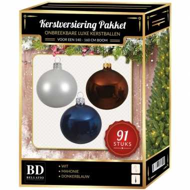 Kerstballen met piek set wit-bruin-donkerblauw voor 150 cm kerstboom