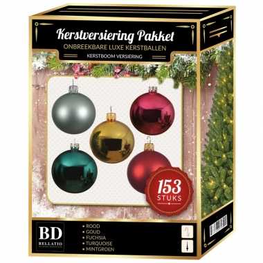 Kerstballen pakket 153 stuks met piek gekleurd
