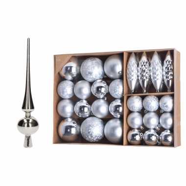 Kerstboomversiering pakket zilveren kunststof kerstballen. kerstornamenten en piek