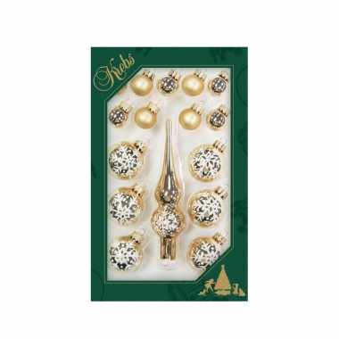Luxe gouden glazen kerstballen en piek set voor mini kerstboom 16-dlg