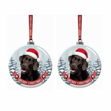 Set van 2x stuks glazen kerstballen labrador zwart hondje