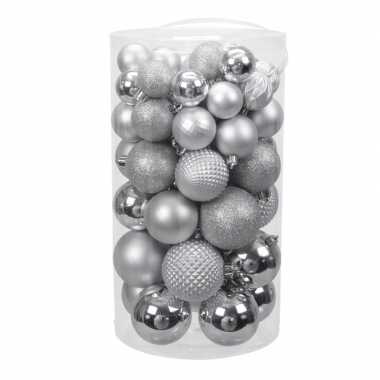 Tube 60x zilveren kunststof kerstballen 4 -7 cm glans/mat/bewerk