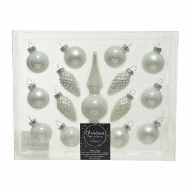 Winter witte glazen kerstballen en piek set voor mini kerstboom 15-dlg