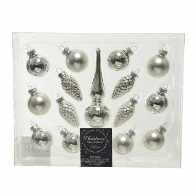 Zilveren glazen kerstballen en piek set voor mini kerstboom 15-dlg