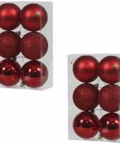 12x rode kunststof kerstballen 8 cm glans mat glitter