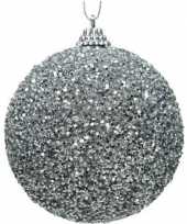 12x zilveren kerstballen 8 cm glitters kraaltjes kunststof kerstversiering