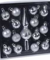 15x zilveren kerstballen en piek 3 cm glanzende matte glitters kunststof kerstversiering