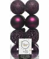 16x aubergine paarse kerstballen 6 cm glanzende matte glitter kunststof plastic kerstversiering