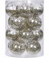 16x doorzichtige kunststof kerstballen met gouden decoratie 8 cm
