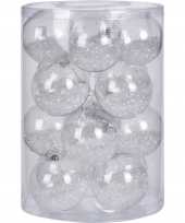 16x doorzichtige kunststof kerstballen met witte decoratie 8 cm