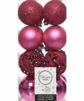16x fuchsia roze kerstballen 6 cm glanzende matte glitter kunststof plastic kerstversiering