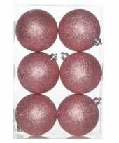 18x roze kerstballen 8 cm glitter kunststof plastic kerstversiering