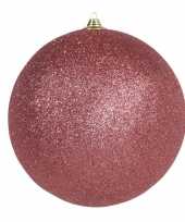 1x grote koraal rode kerstballen met glitter kunststof 13 5 cm