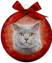 1x kunststof rode dieren kerstballen met grijze kat poes 8 cm