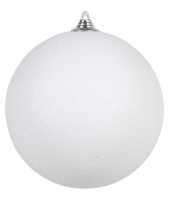 1x witte grote kerstballen met glitter kunststof 18 cm