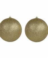 2x gouden grote kerstballen met glitter kunststof 18 cm