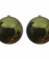 2x grote donkergroene kerstballen van 20 cm glans van kunststof
