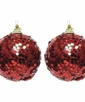 2x kerst rode kerstballen 8 cm glitters confetti kunststof kerstversiering