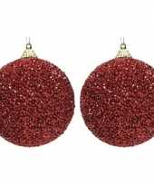 2x kerst rode kerstballen 8 cm glitters kraaltjes kunststof kerstversiering