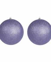 2x stuks paarse grote kerstballen met glitter kunststof 18 cm