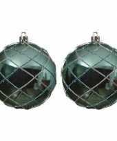 2x turquoise blauwe kerstballen 8 cm zilver glitter patroon kunststof kerstversiering