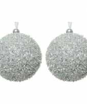 2x zilveren kerstballen 8 cm glitters sneeuwballen kunststof kerstversiering