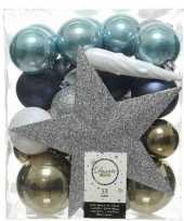 33x blauwe witte zilveren bruine kerstballen 5 6 8 cm glanzende matte glitter kunststof plastic kerstversiering