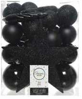 33x zwarte kerstballen met ster piek 5 6 8 cm kunststof mix
