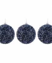 3x donkerblauwe kerstballen 8 cm met folie strookjes kunststof kerstversiering