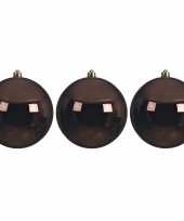 3x grote donkerbruine kerstballen van 14 cm glans van kunststof