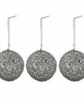 3x kerstboomversiering linnen kerstballen zilver 15 cm