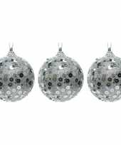 3x zilveren disco kerstballen 8 cm glitters pailletjes kunststof kerstversiering