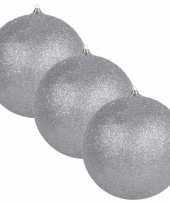 3x zilveren grote kerstballen met glitter kunststof 13 5 cm