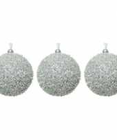 3x zilveren kerstballen 8 cm glitters sneeuwballen kunststof kerstversiering