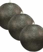 3x zwarte grote kerstballen met glitter kunststof 13 5 cm