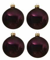 4x aubergine paarse kerstballen 10 cm glanzende glas kerstversiering