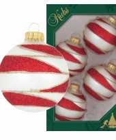 4x luxe glazen kerstballen wit rood velvet 7 cm kerstversiering