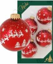 4x luxe rode glazen kerstballen met rendier opdruk 7 cm kerstversiering