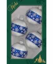 4x luxe witte glazen kerstballen met blauwe opdruk 7 cm