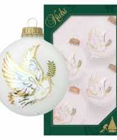 4x luxe witte glazen kerstballen met vrede duif 7 cm