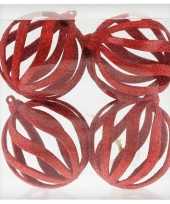 4x rode open draad kerstballen met glitters kunststof 8 cm