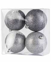 4x zilveren kerstballen 10 cm glitter kunststof plastic kerstversiering
