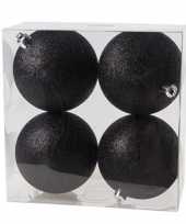 4x zwarte kerstballen 10 cm glitter kunststof plastic kerstversiering