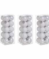 60x stuks kleine kunststof kerstballen wit 3 cm mat glans glitter