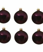 6x aubergine paarse kerstballen 8 cm glanzende glas kerstversiering